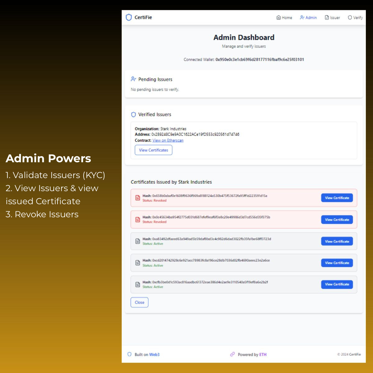 CertiFie admin dashboard showing one verified issuer and its five certificates, two of them revoked.