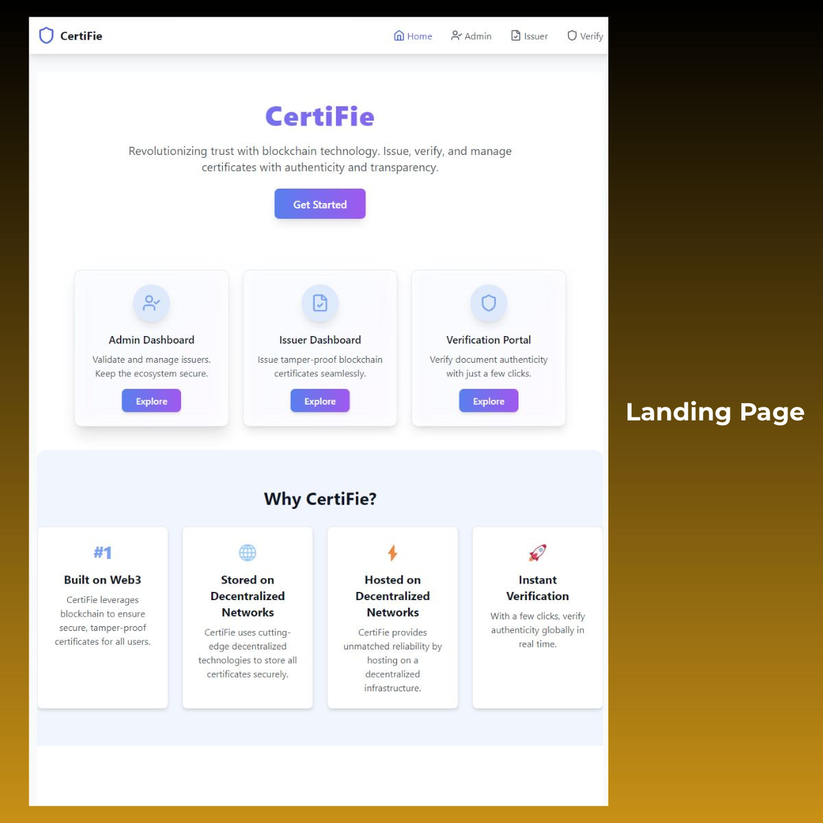 CertiFie landing page with cards for the admin dashboard, the issuer dashboard and the verification portal.