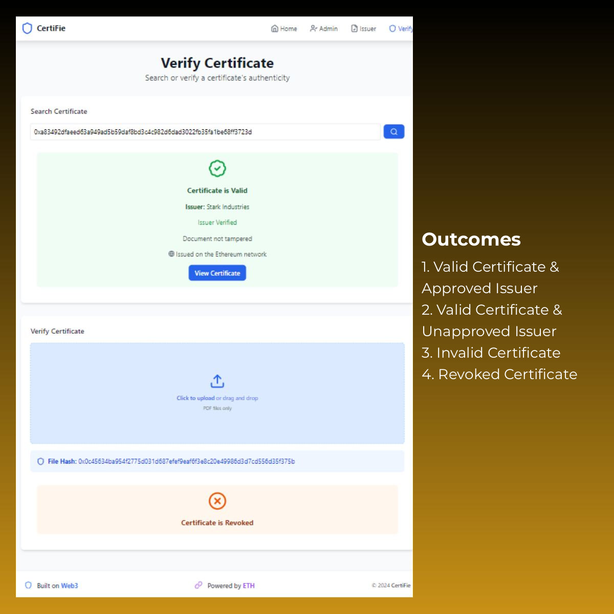 CertiFie verification page showing one certificate found valid by its hash and an uploaded file reported as revoked.